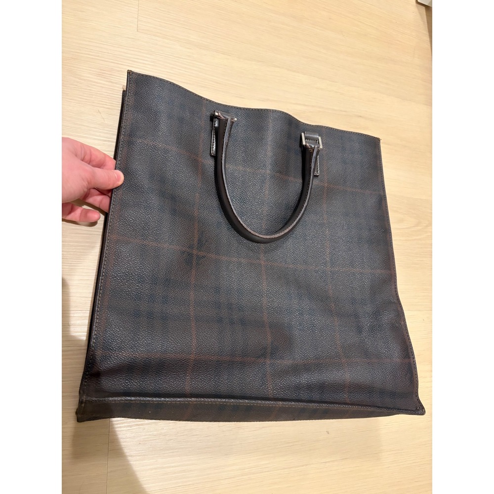 Burberry London Mens Smoked Check Tote Bag Brown Leather Trim Made in Italy - Picture 10 of 14